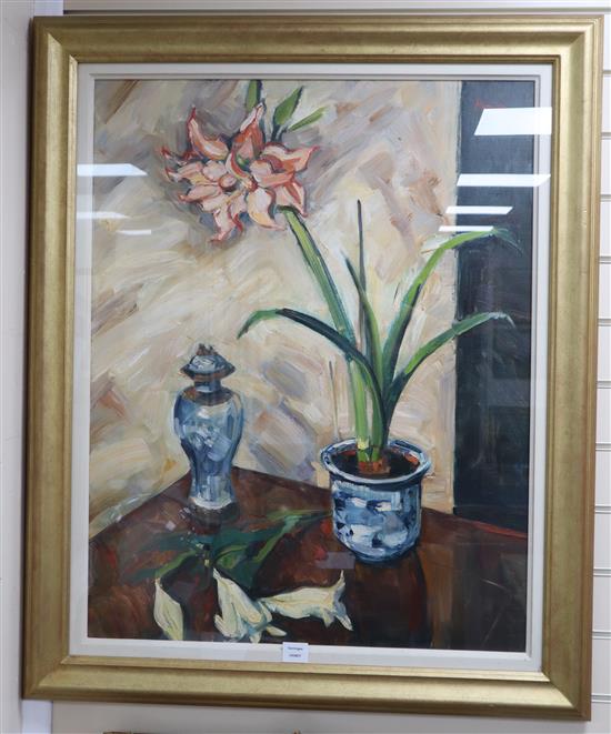 Laura Harrison, oil on canvas, Pink Amaryllis, signed, 90 x 70cm